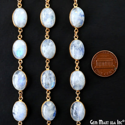 Rainbow Moonstone Cabochon Oval 10x14mm Gold Plated Continuous Connector Chain