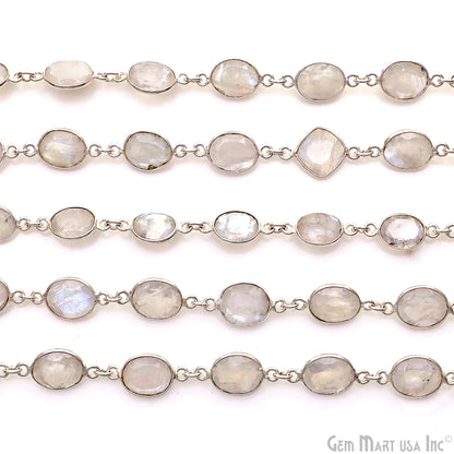 Rainbow Moonstone 10mm Mix Shape Silver Bezel Continuous Connector Chain