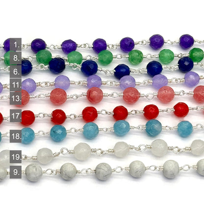 Dyed Jade Bead Faceted Crystal Round Rosary Chain Silver Plating, 5-6mm, 1+ ft