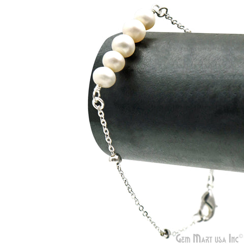 Freshwater Pearl Round Gemstone Silver Plated Chain With Lobster Clasp Bracelet 7Inch