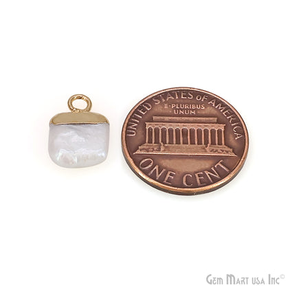 White Pearl Square Charm With Gold Electroplated Cap Single Bail Pendant
