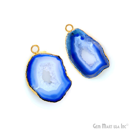 Blue Agate Geode Druzy 1-2 Inch Single Bail Gold Electroplated Gemstone Connector