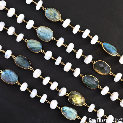 Rainbow Moonstone Beads & Labradorite Bezel Connector Gold Plated Rosary Chain