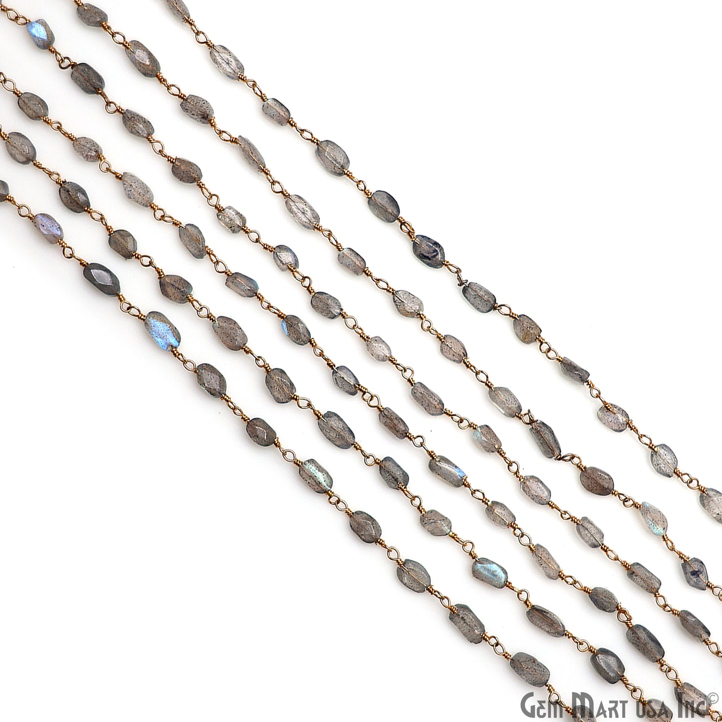 Labradorite 7x4mm Free Form Shape Gold Wire Wrapped Rosary Chain