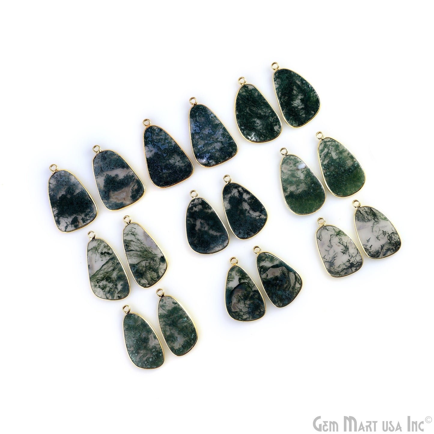 Moss Agate Free Form Gold Plated Single Bail Bezel Smooth Slab Slice Thick Gemstone Connector 28x16mm 1 Pair