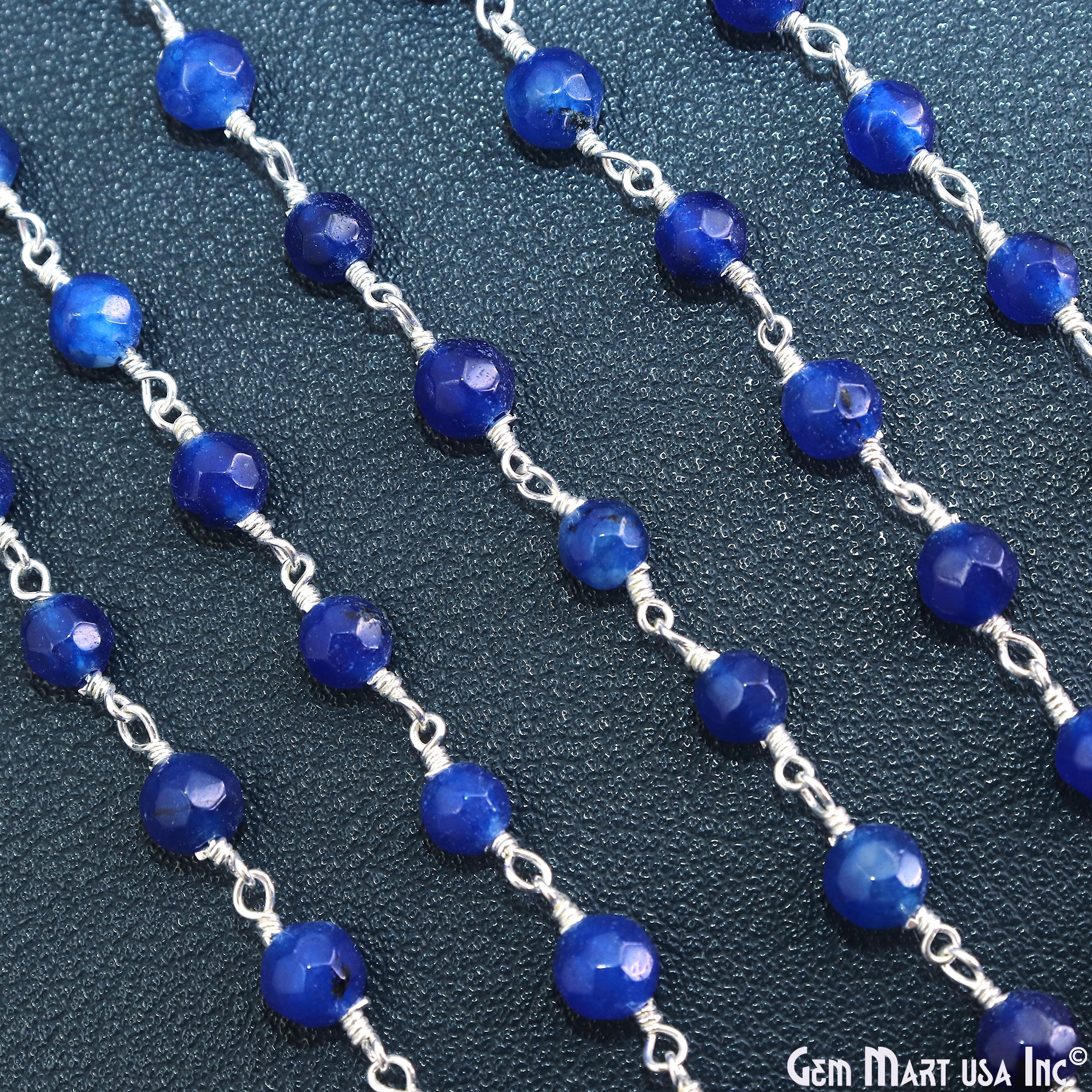 Blue Jade Faceted Beads 5mm Silver Plated Wire Wrapped Rosary Chain