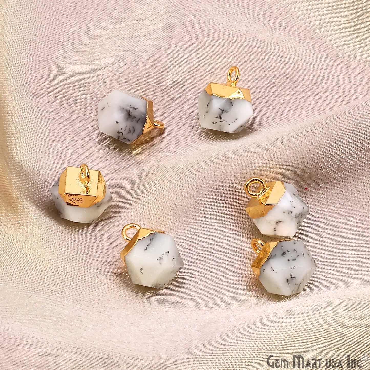 Gemstone Hexagonal Prism Shape Pendant 12x10mm Gold Plated Charm for DIY Jewelry