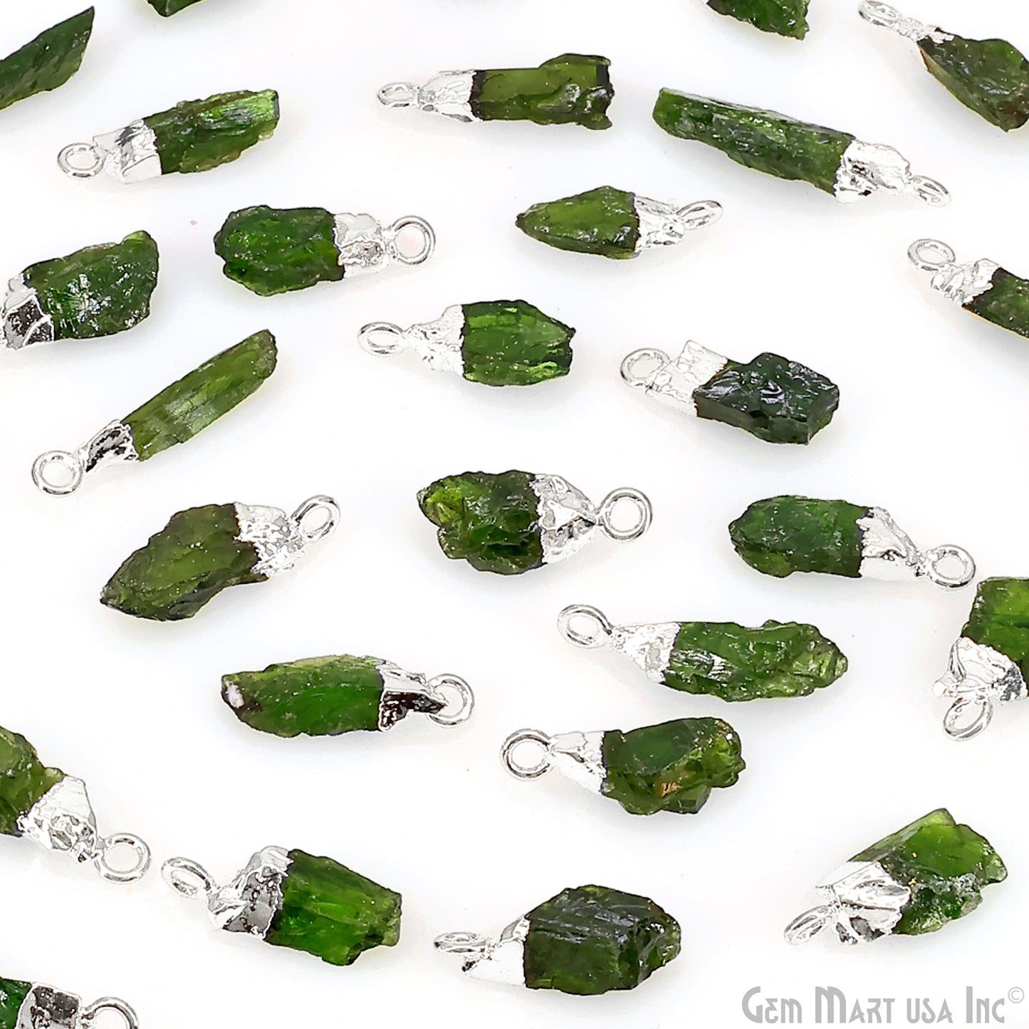 Raw Chrome Diopside Gemstone 18x5mm Organic Shape Silver Edged Single Bail Connector Charm