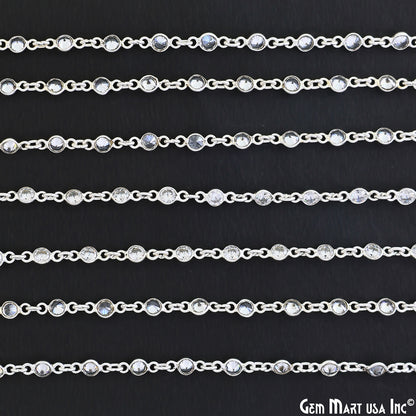 White Zircon 4mm Round Silver Bezel Continuous Connector Chain