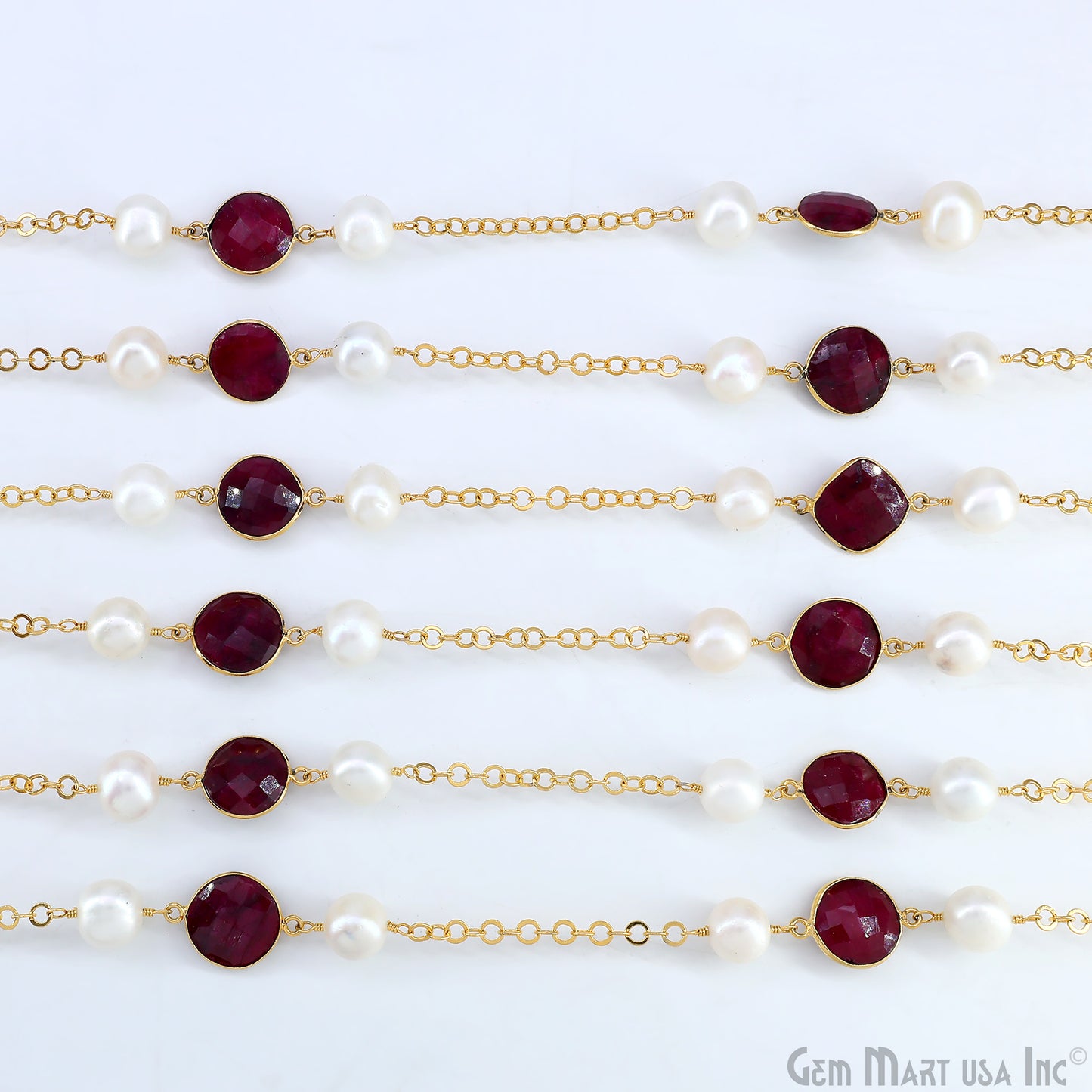 Ruby And Pearl Beads Gold Plated Round Shape Bezel Link Continuous Connector Chain