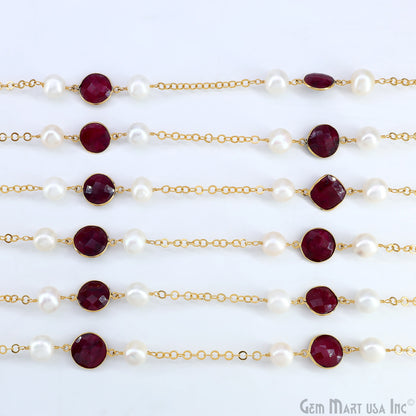 Ruby And Pearl Beads Gold Plated Round Shape Bezel Link Continuous Connector Chain