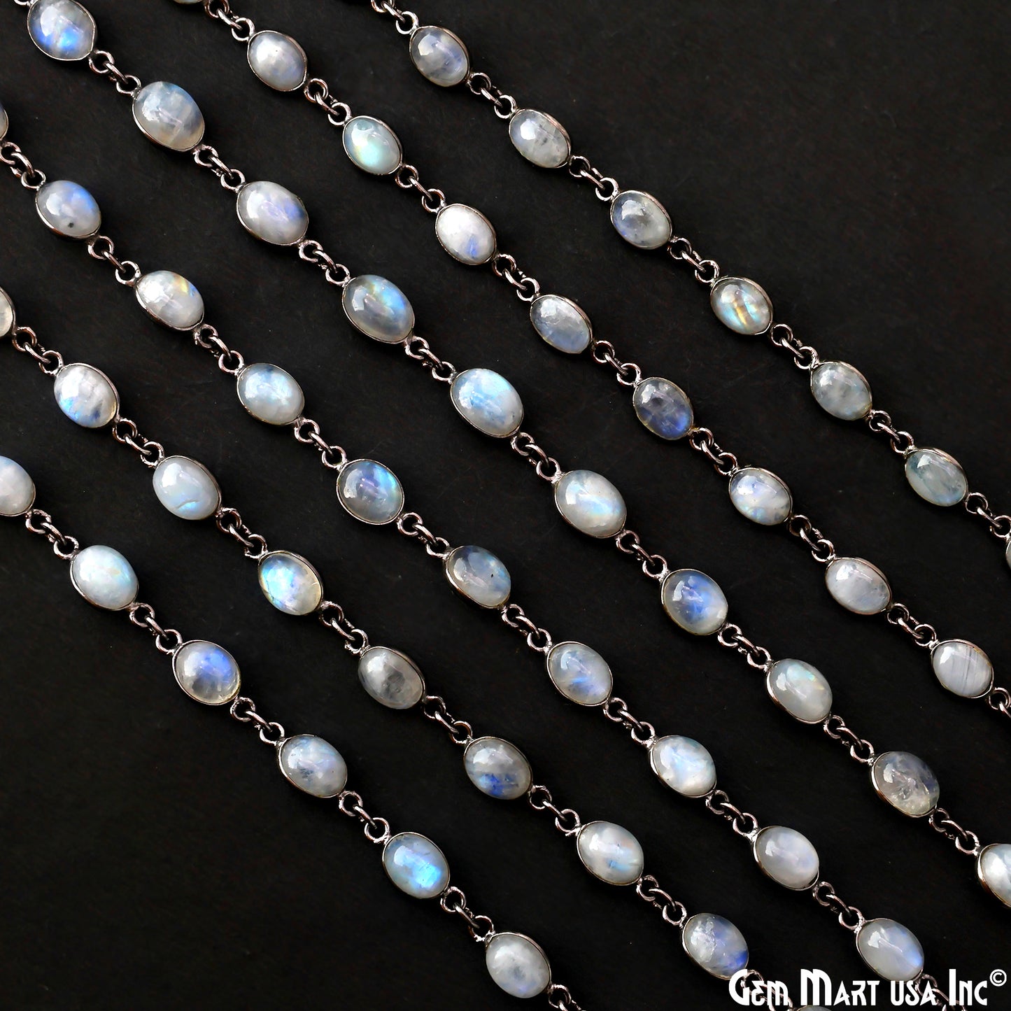 Rainbow Moonstone 6x8mm Oval Oxidized Bezel Cabochon Continuous Connector Chain