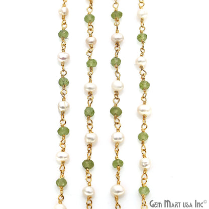 Peridot With Freshwater Pearl Gold Plated Wire Wrapped Beads Rosary Chain