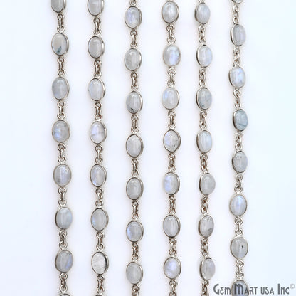 Rainbow Moonstone 6x8mm Oval Silver Bezel Cabochon Continuous Connector Chain