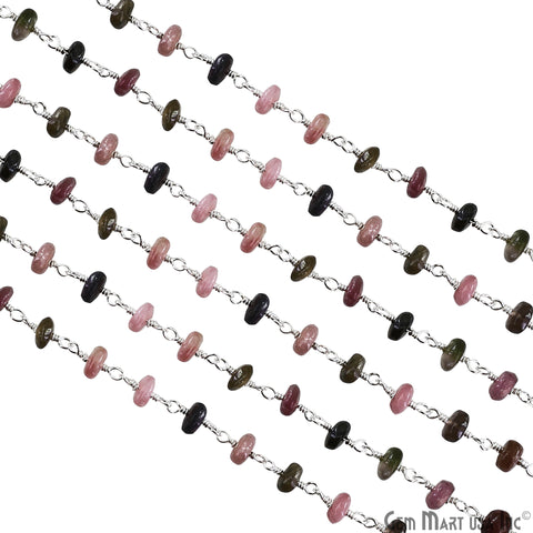 Multi Tourmaline Cabochon Bead 5-6mm Silver Plated Wire Wrapped Rosary Chain