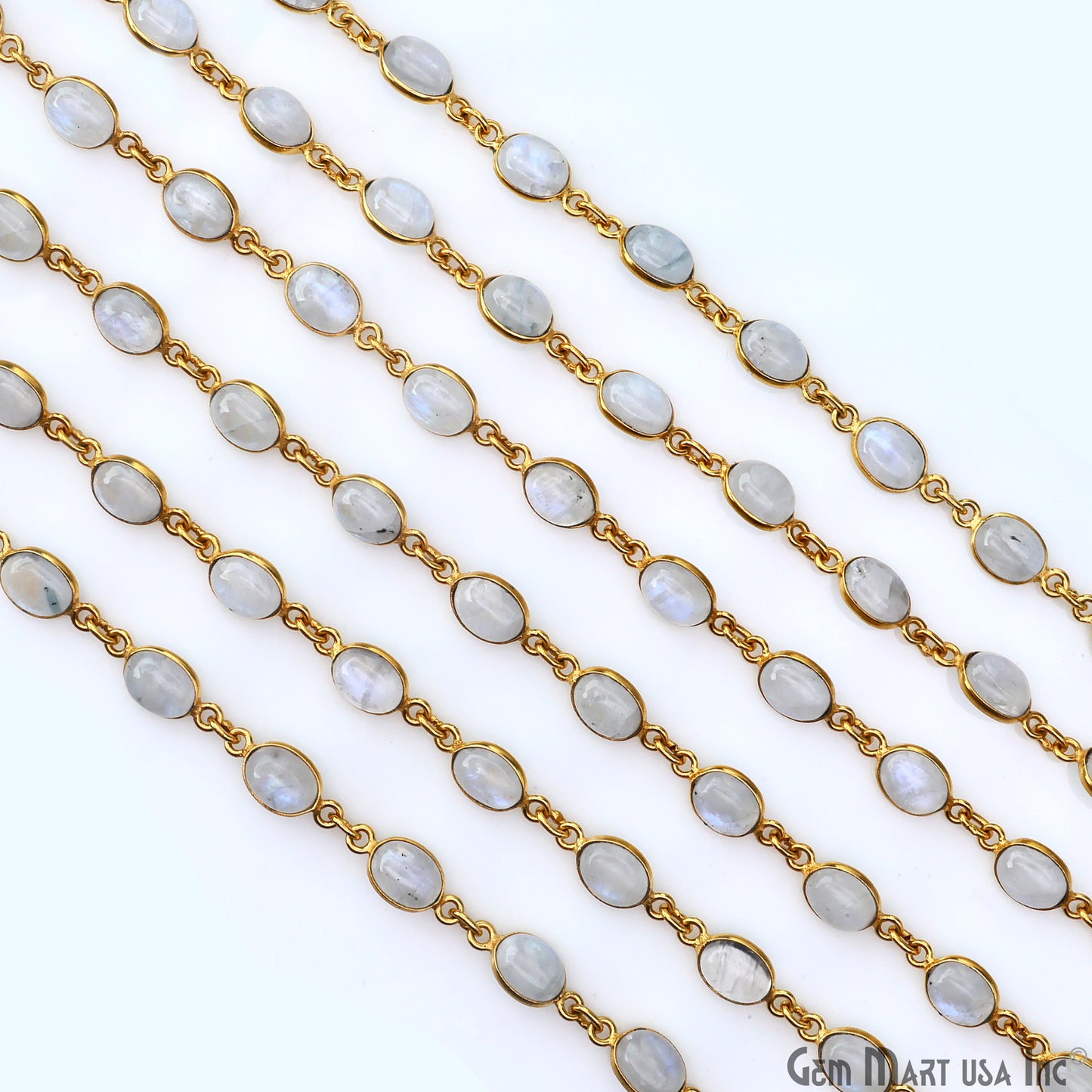 Rainbow Moonstone 6x8mm Oval Gold Plated Bezel Cabochon Continuous Connector Chain