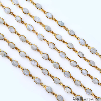 Rainbow Moonstone 6x8mm Oval Gold Plated Bezel Cabochon Continuous Connector Chain