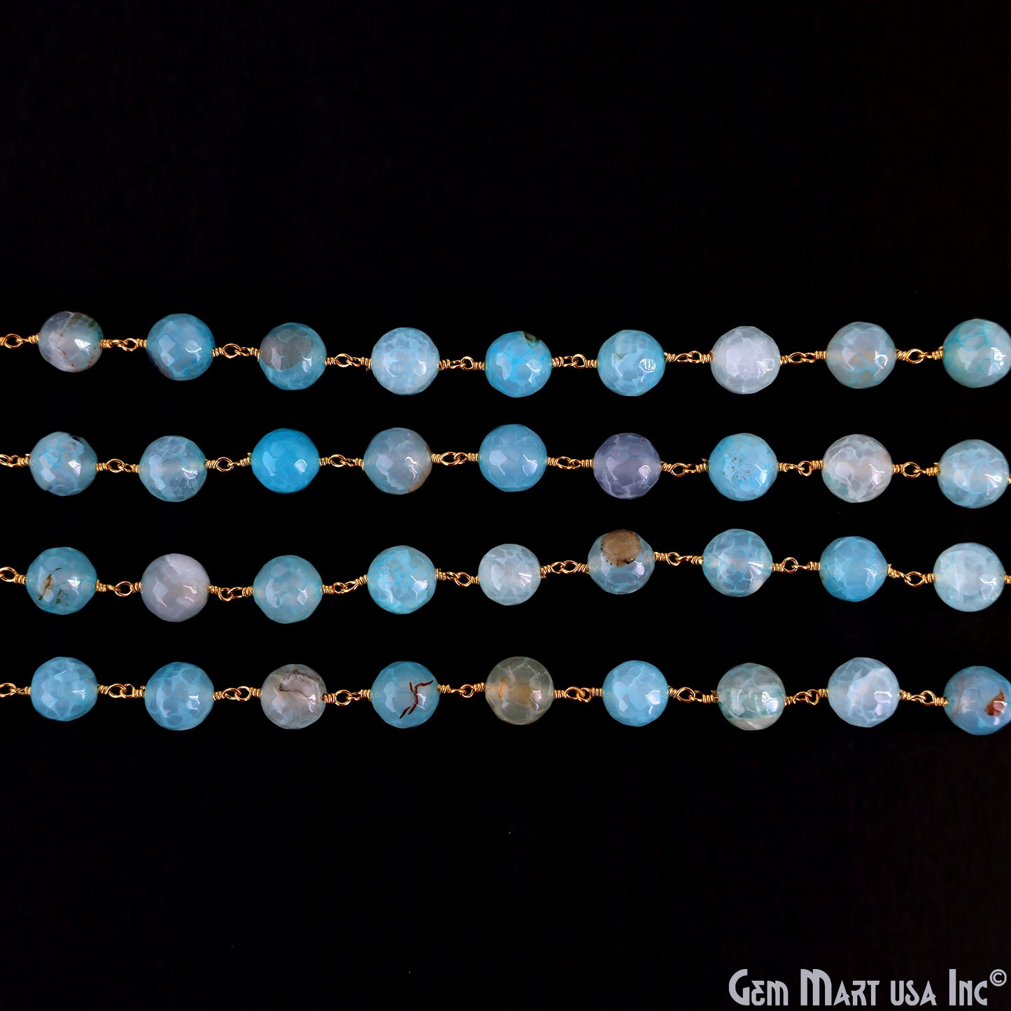 Sky Blue Banded Agate Jade Faceted Beads 10mm Gold Wire Wrapped Rosary Chain