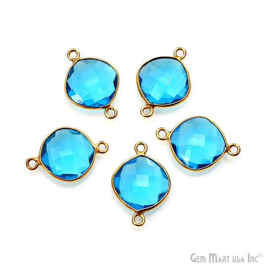 Blue Topaz Bezel Connector Cushion Shape 24K Gold Plated Double Bail Connector