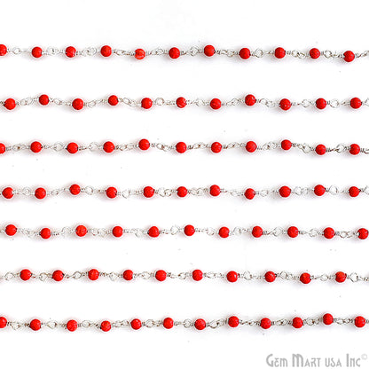 Coral Color Cabochon Beads 2mm Silver Plated Gemstone Rosary Chain