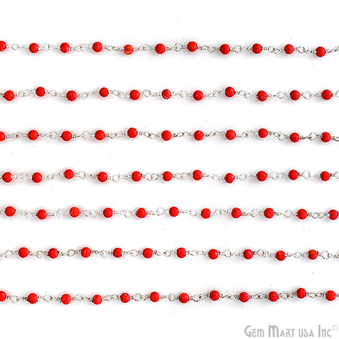 Coral Color Cabochon Beads 2mm Silver Plated Gemstone Rosary Chain