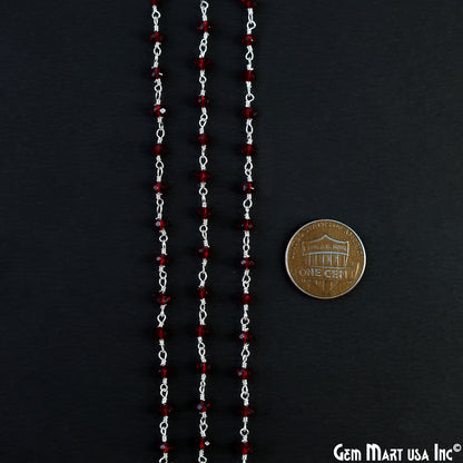 Garnet Color 3-3.5mm Tiny Beads Silver Plated Wire Wrapped Rosary Chain