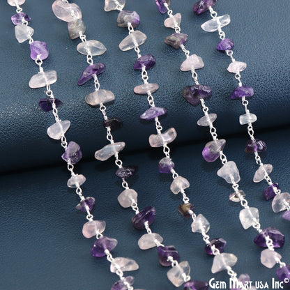 Amethyst & Rose Quartz  Nugget Chip 4-6mm Silver Wire Wrapped Rosary Chain