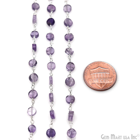 Amethyst Coin Beads 3-4mm Silver Plated wire wrapped Rosary Chain