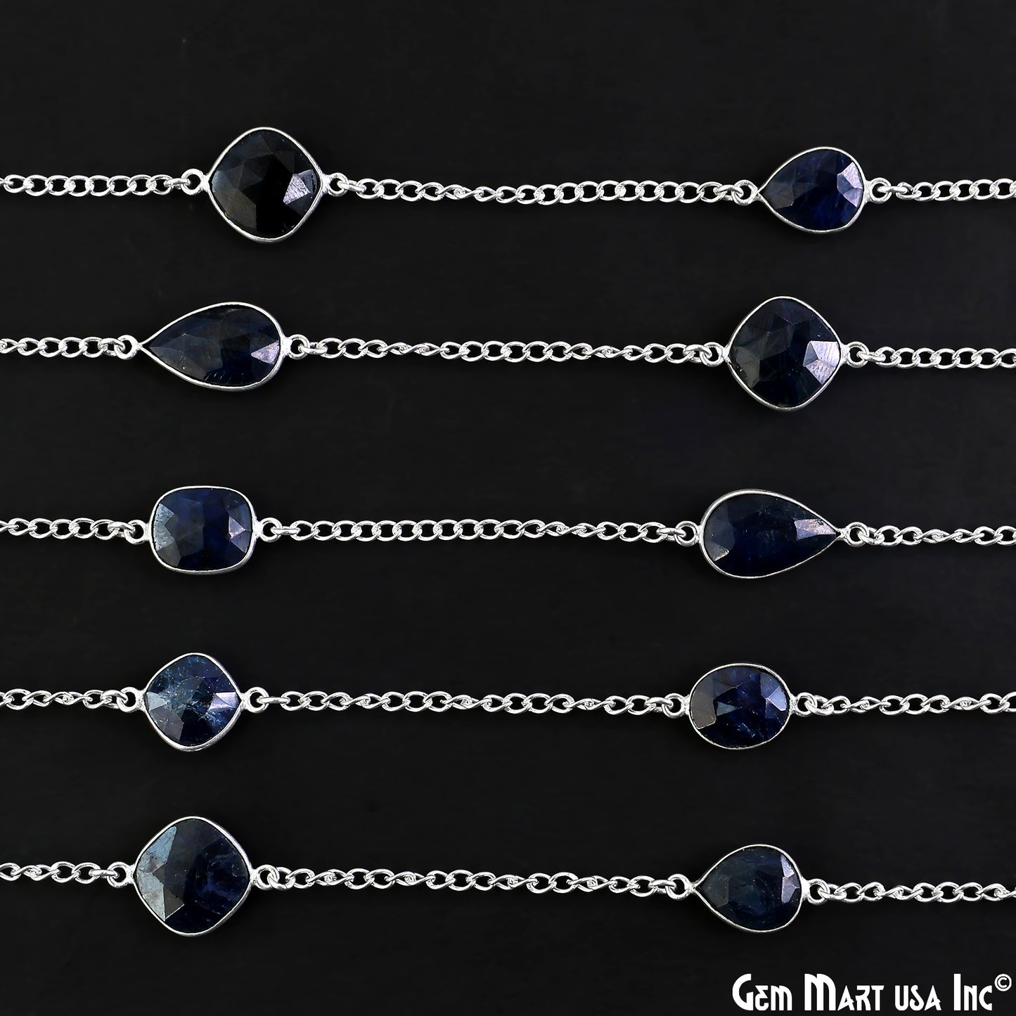 Sapphire 10-15mm Mix Shape Silver Plated Bezel Connector Link Rosary Chain