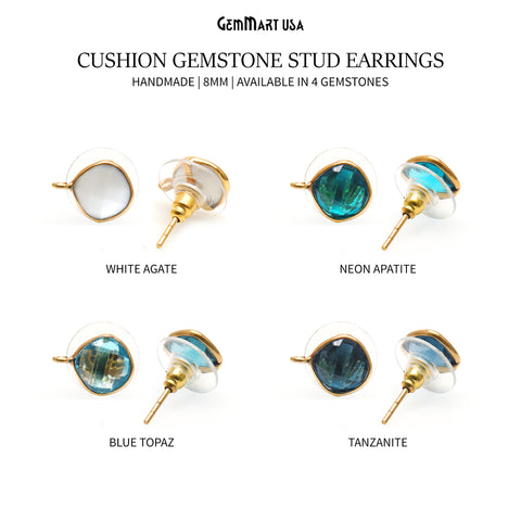 Cushion Faceted 8mm Single Bail Gold Plated Gemstone Stud Earrings