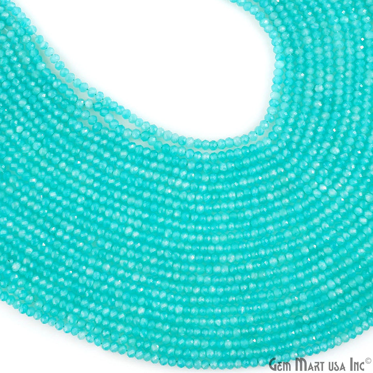 Aqua Chalcedony Rondelle Beads, 12.5 Inch Gemstone Strands, Drilled Strung Nugget Beads, Faceted Round, 3-4mm