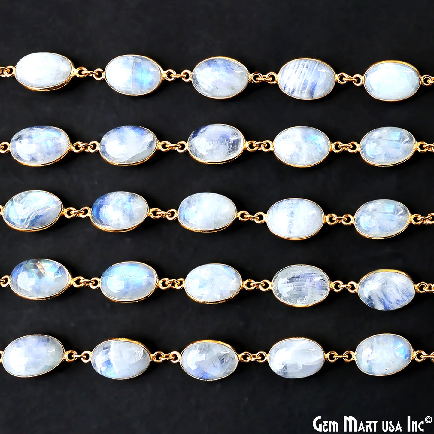 Rainbow Moonstone Cabochon Oval 10x14mm Gold Plated Continuous Connector Chain