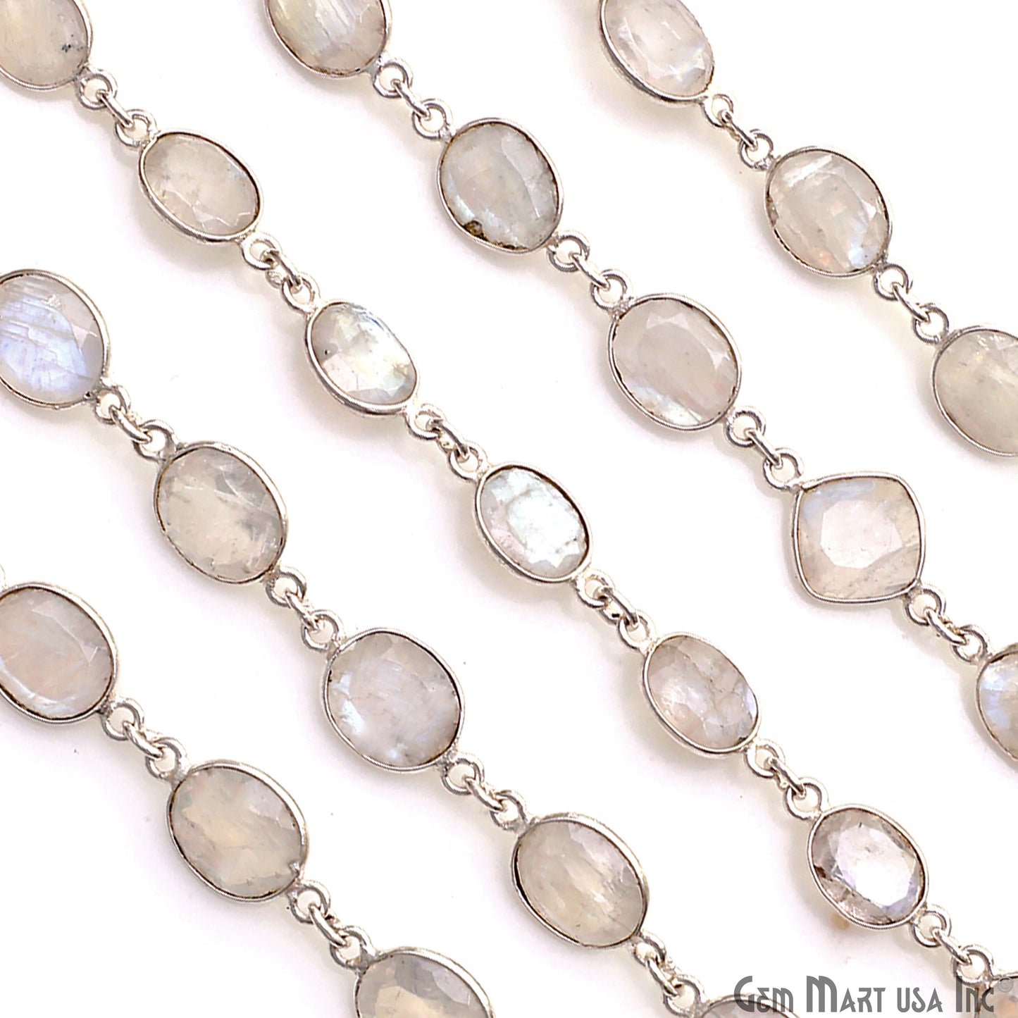 Rainbow Moonstone 10mm Mix Shape Silver Bezel Continuous Connector Chain