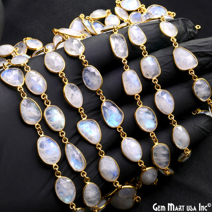Rainbow Moonstone Fancy Cut Shape 15mm UP Gold Plated Continuous Connector Chains