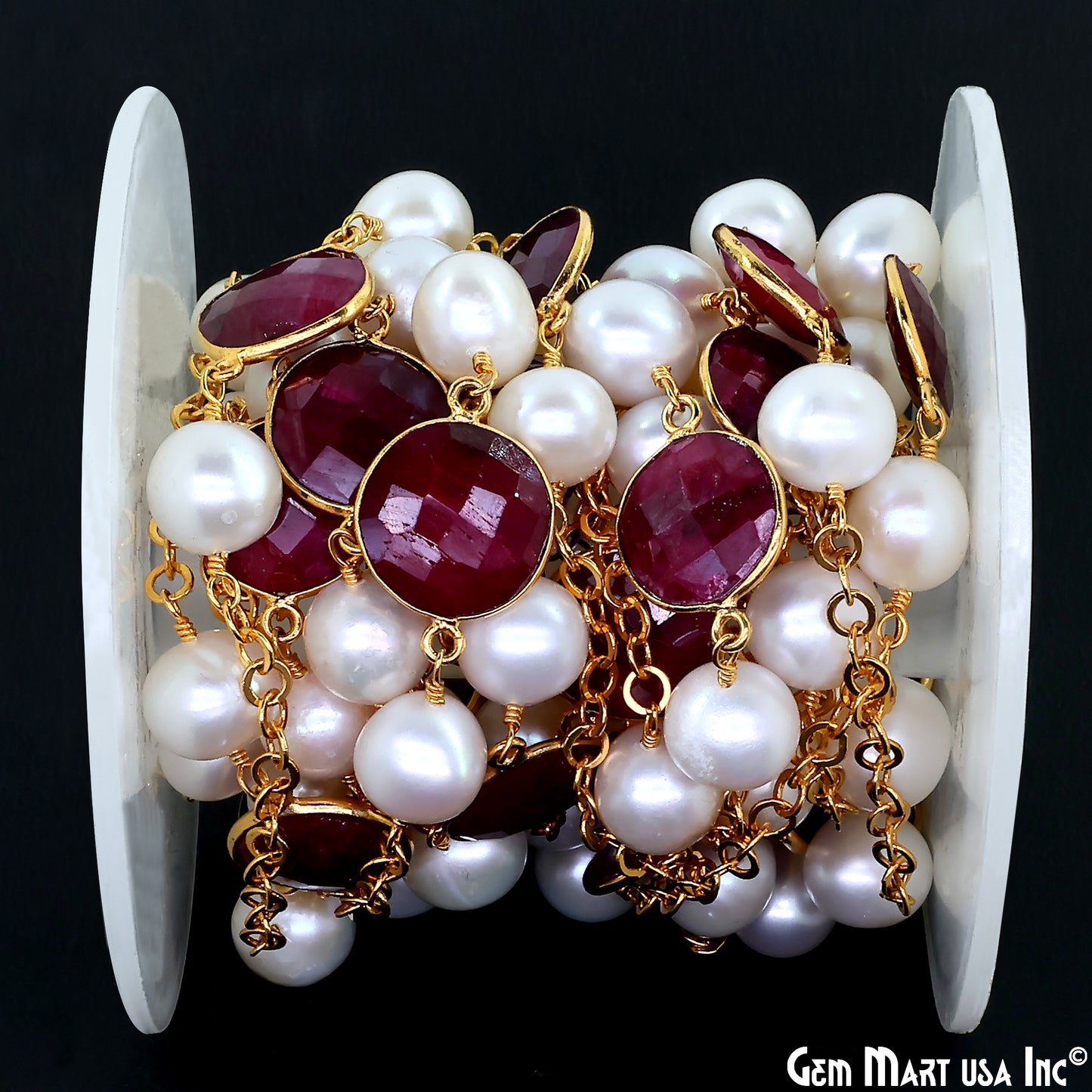 Ruby And Pearl Beads Gold Plated Round Shape Bezel Link Continuous Connector Chain