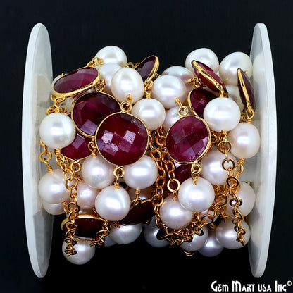 Ruby And Pearl Beads Gold Plated Round Shape Bezel Link Continuous Connector Chain