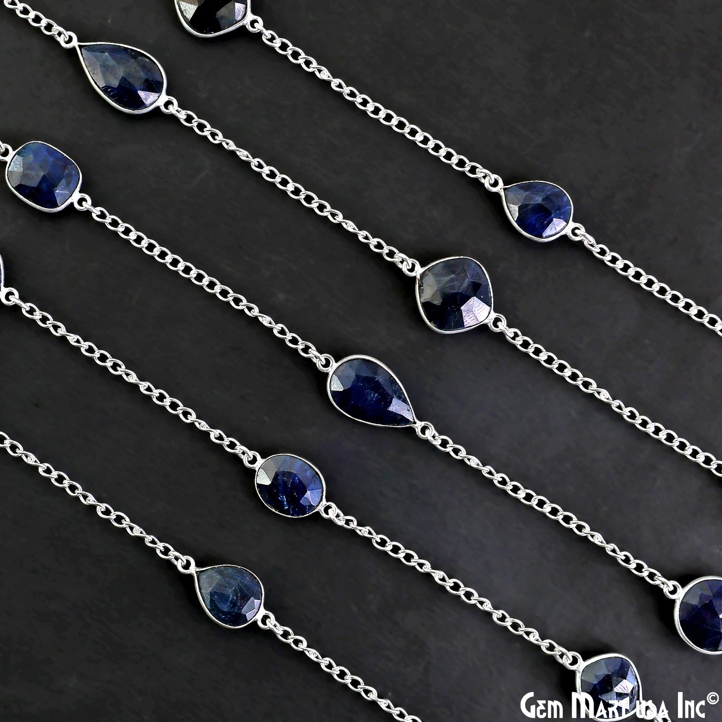 Sapphire 10-15mm Mix Shape Silver Plated Bezel Connector Link Rosary Chain