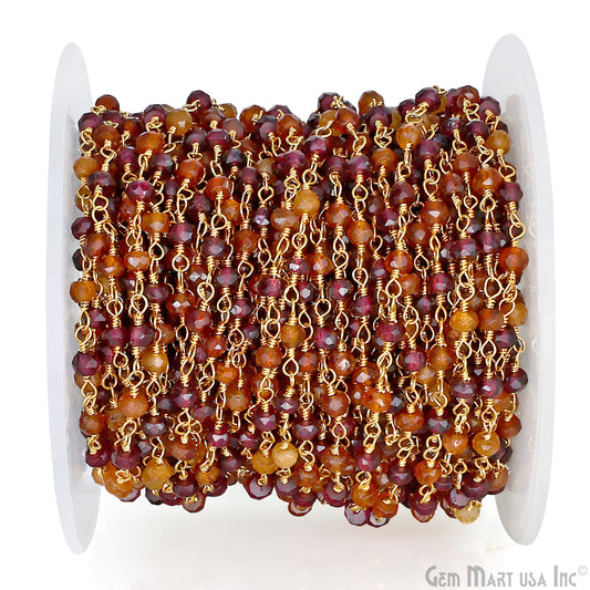 Rhodolite & Hessonite 3-3.5mm Faceted Beads Gold Wire Wrapped Rosary Chain