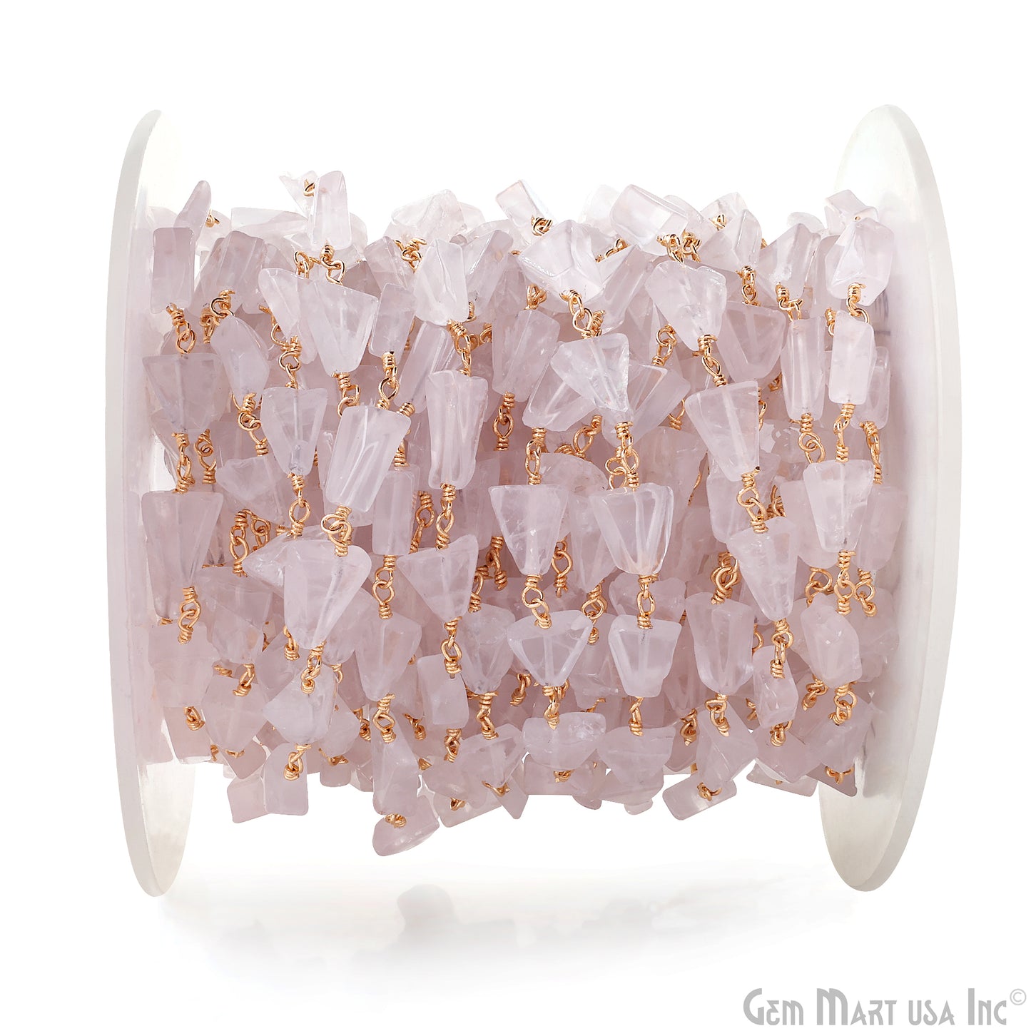 Rose Quartz 12x8mm Smooth Tumble Gold Wire Wrap Bead Rosary Chain