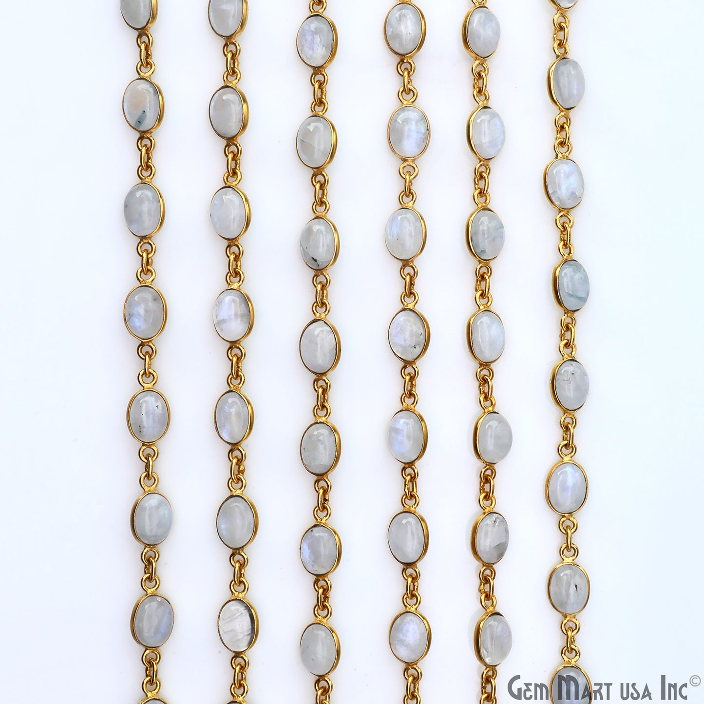 Rainbow Moonstone 6x8mm Oval Gold Plated Bezel Cabochon Continuous Connector Chain