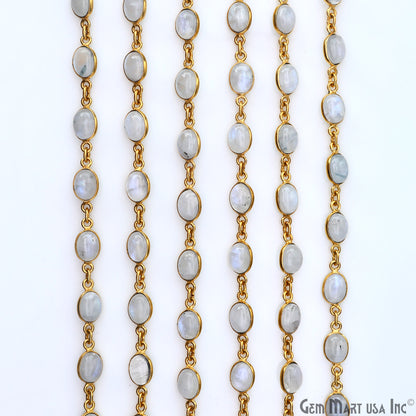 Rainbow Moonstone 6x8mm Oval Gold Plated Bezel Cabochon Continuous Connector Chain