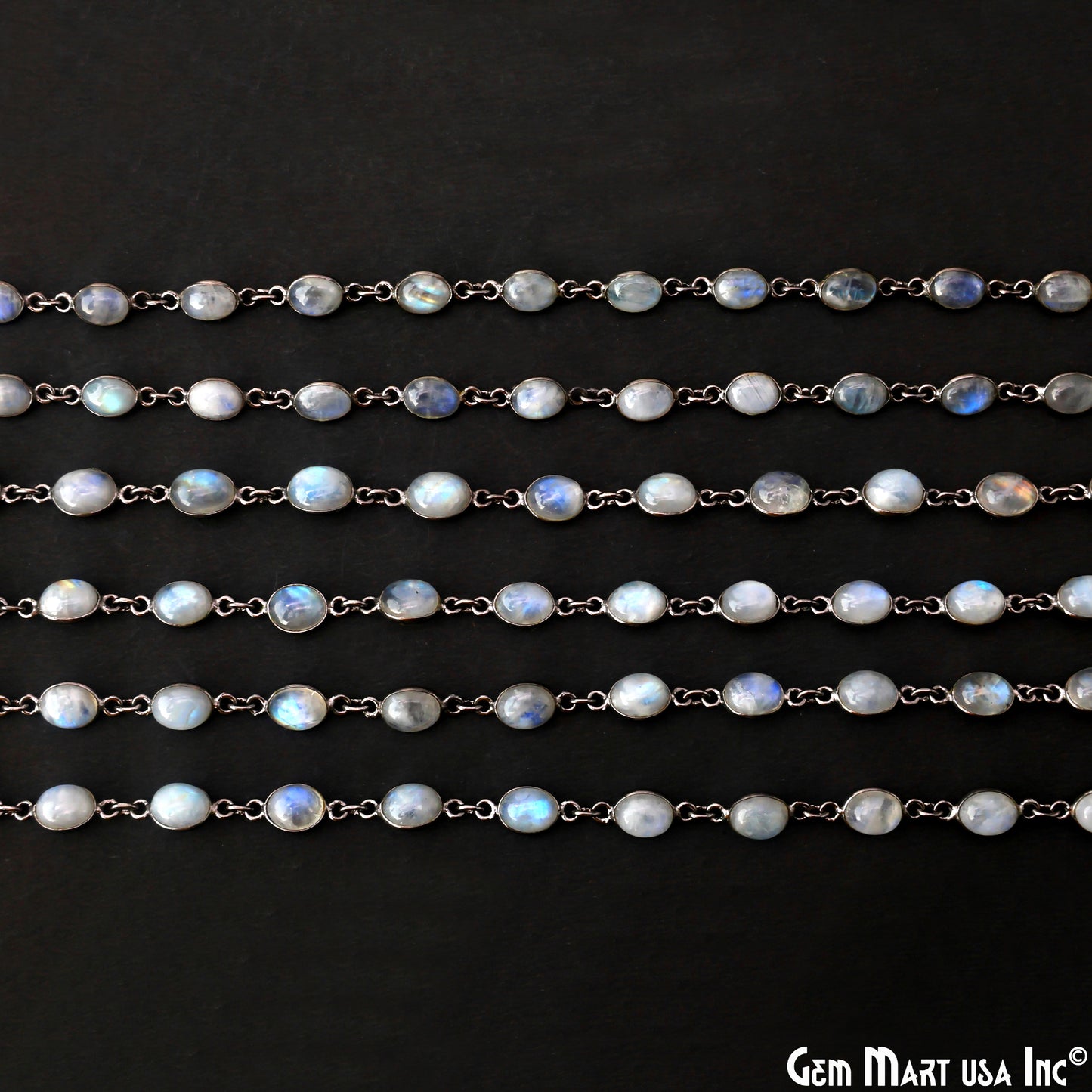 Rainbow Moonstone 6x8mm Oval Oxidized Bezel Cabochon Continuous Connector Chain