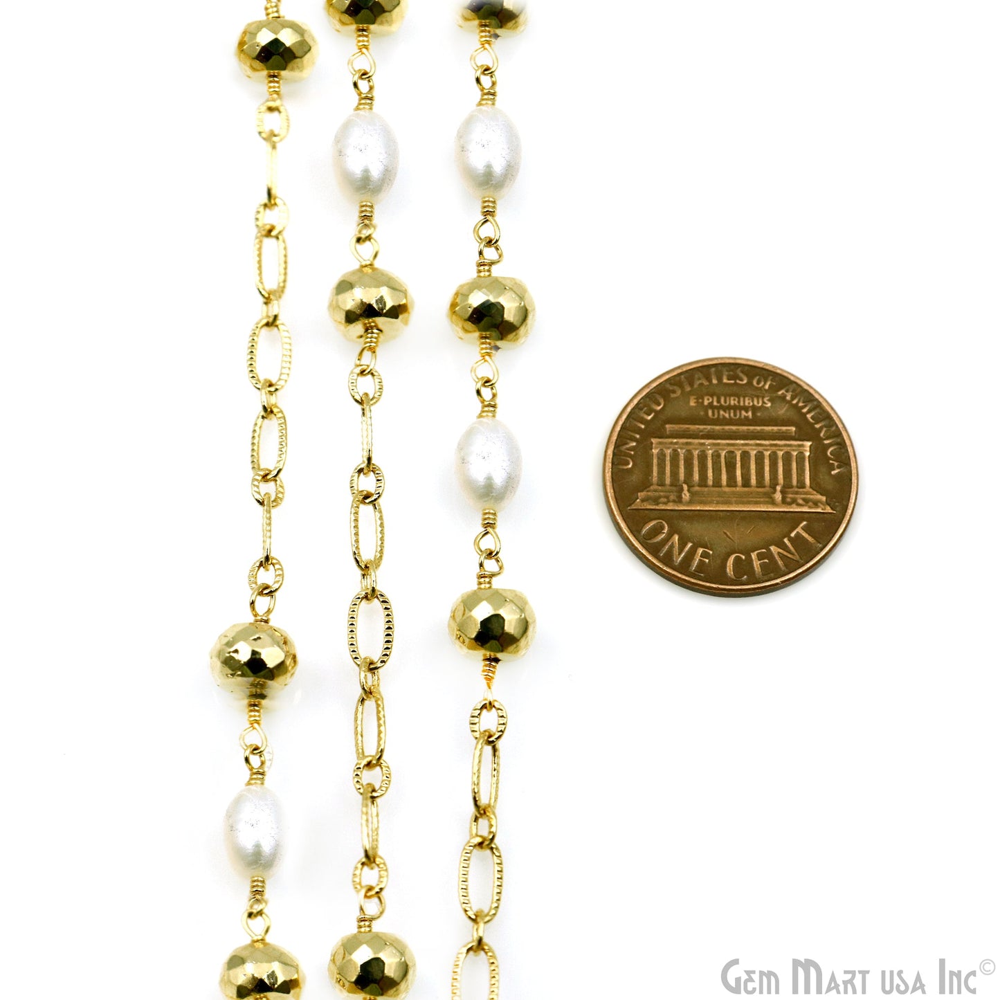 Golden Pyrite 6-7mm & Freshwater Pearl Round Beads Gold Plated Finding Rosary Chain