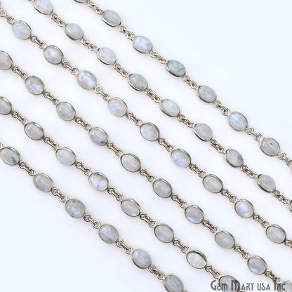 Rainbow Moonstone 6x8mm Oval Silver Bezel Cabochon Continuous Connector Chain