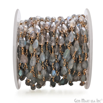 Labradorite 8x5mm Cone Shape Gold Wire Wrapped Rosary Chain