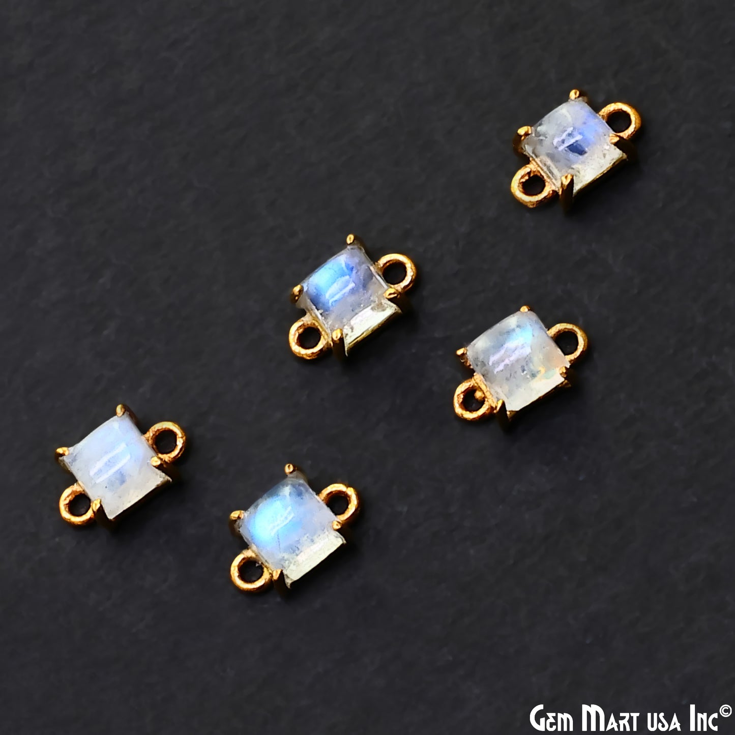 Rainbow Moonstone Cabochon Square Prong Gold Plated Bail Connector