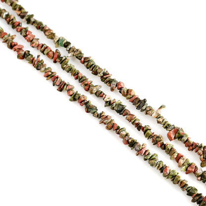 Unakite Chip Beads, 34 Inch, Natural Chip Strands, Drilled Strung Nugget Beads, 3-7mm, Polished, GemMartUSA (CHUN-70001)