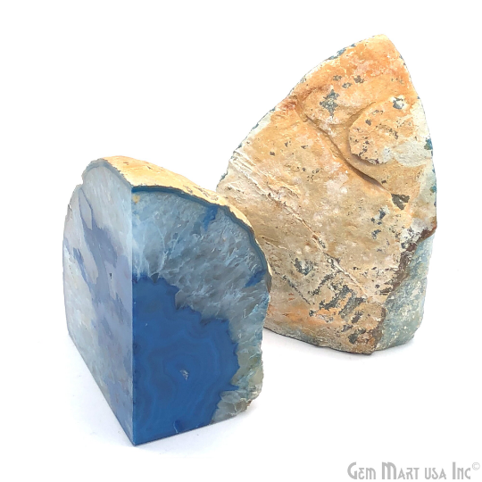 Large Geode Bookend. Blue Agate Bookend Pair. (3.1lbs, 5-6"inch). Mineral Rock Formation, Healing Energy Crystal, Home Decor. *Ships Free