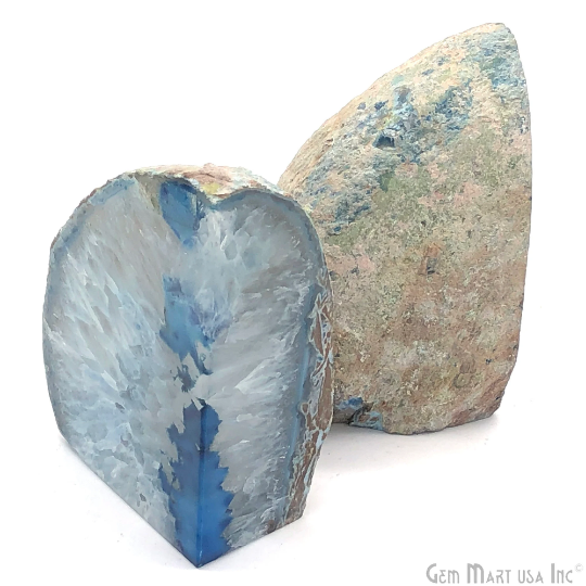 Large Geode Bookend. Blue Agate Bookend Pair. (3.1lbs, 5-6"inch). Mineral Rock Formation, Healing Energy Crystal, Home Decor. *Ships Free