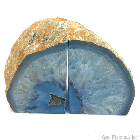 Large Geode Bookend. Blue Agate Bookend Pair. (3.1lbs, 5-6"inch). Mineral Rock Formation, Healing Energy Crystal, Home Decor. *Ships Free